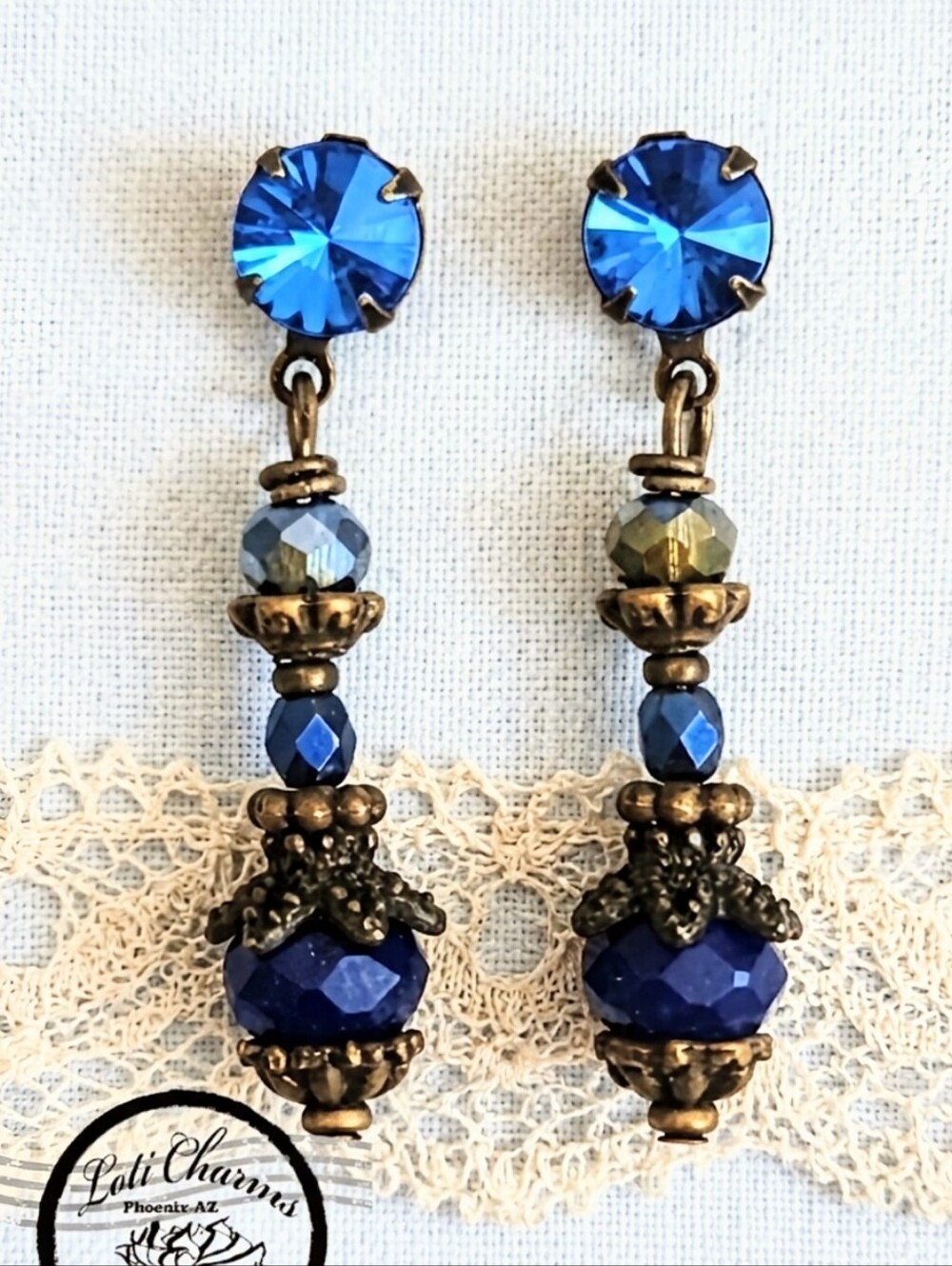 Victorian Rustic Dark Blue Mettalic Crystal & Glass  In Brass Earrings